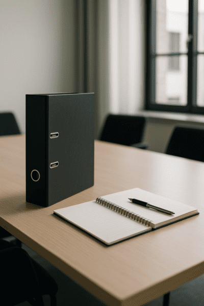 Neutraler Besprechungstisch mit Akten und Notizblock als Symbol für arbeitsrechtliche Beratung