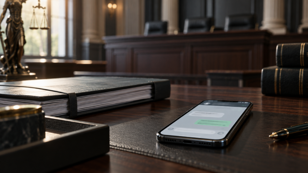 Smartphone mit Chatansicht auf einem Anwaltsschreibtisch