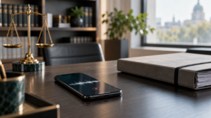 Smartphone mit Tonaufnahme auf einem Schreibtisch in einer Anwaltskanzlei