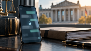 Smartphone mit symbolischer Chatansicht auf einem Anwaltsschreibtisch