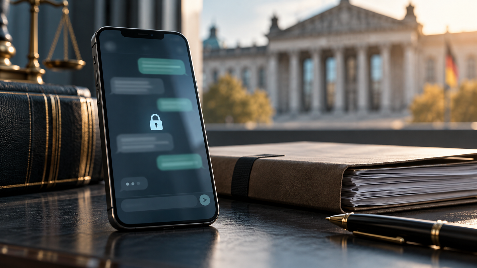 Smartphone mit symbolischer Chatansicht auf einem Anwaltsschreibtisch